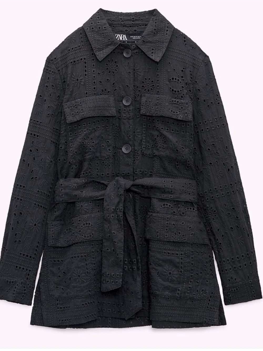 ZARA BLACK EYELET JACKET WITH BELT SIZE S NWT